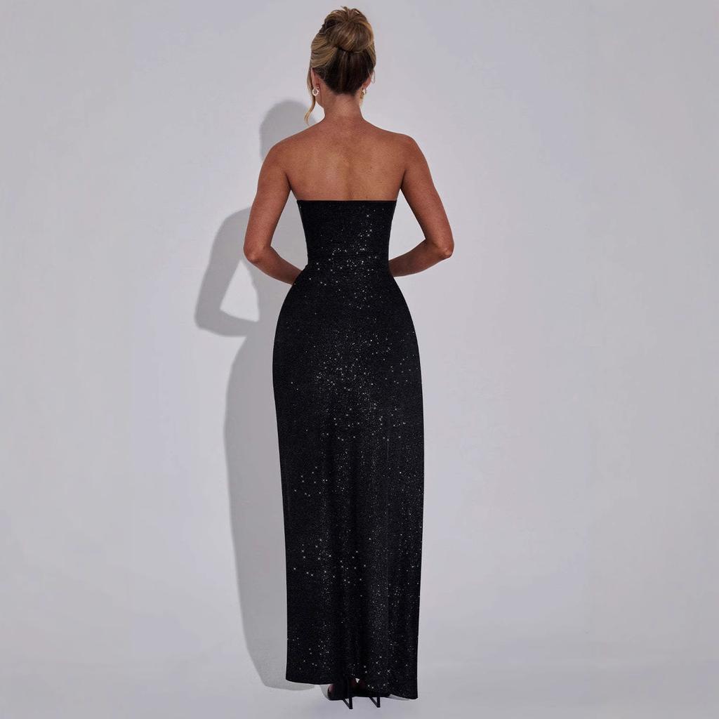 Summer new celebrity temperament sexy slim glitter tube top split dress women