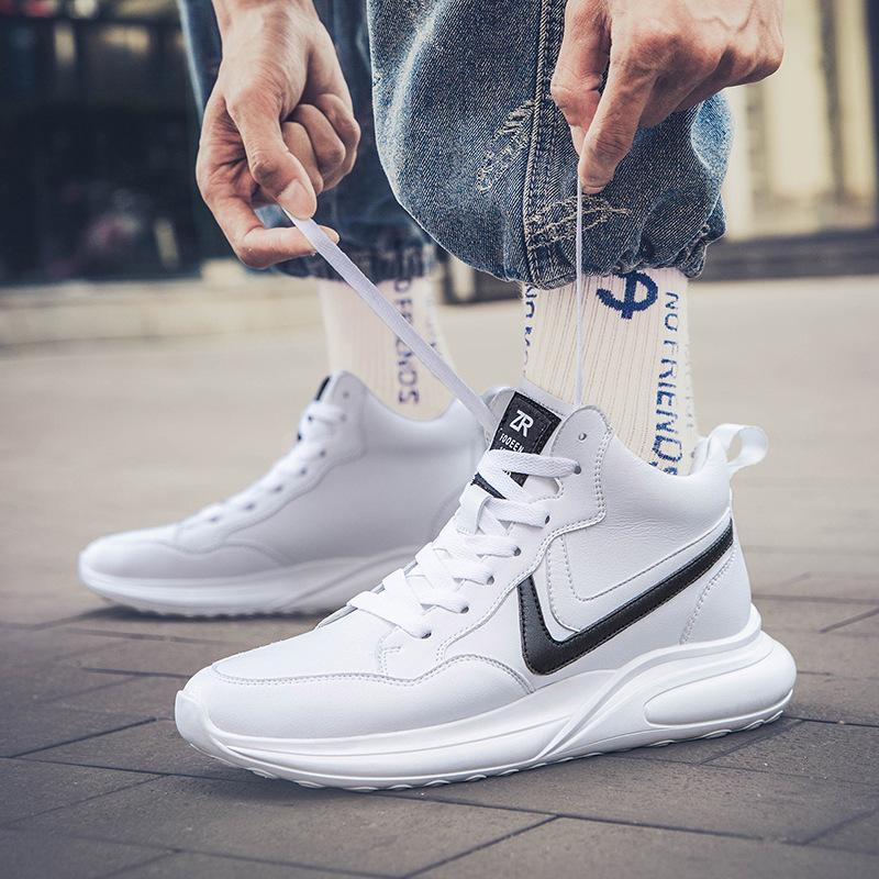 Men's Trendy 8CM Height-Increasing Striped Sports Shoes, Korean Style with Thick Soles and Mid-Top Design.