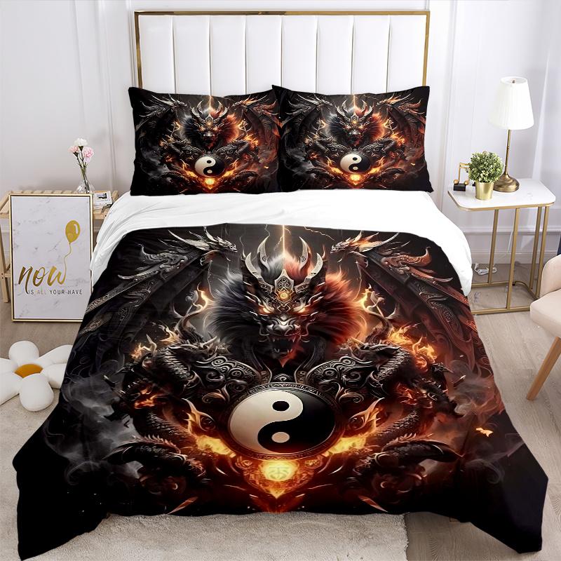3pcs Yin Yang Dragon Printed Bedding Set, Soft and Comfortable Quilt Cover for Bedroom, Guest Room