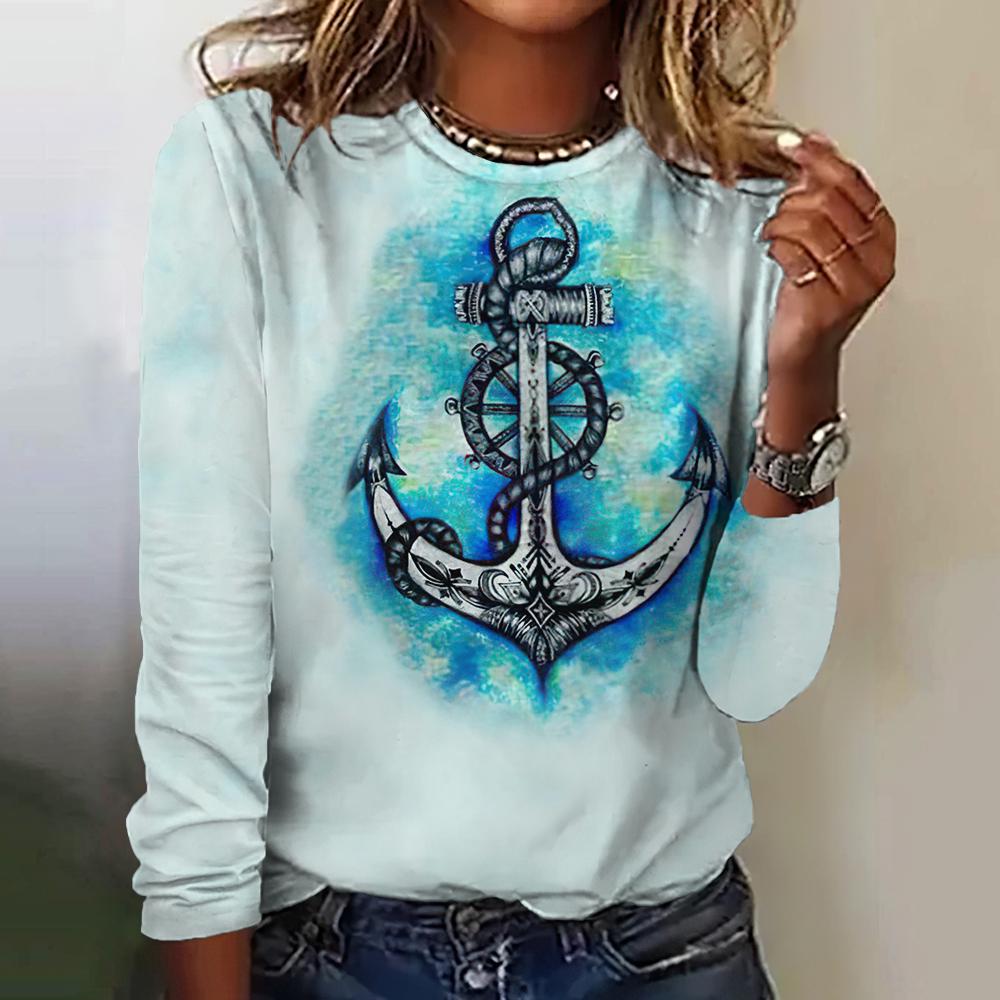 Herbst Frauen T Shirt Langarm Tops Anker Grafik Weibliche Kleidung Alltägliche Streetwear Oansatz Pullover Für frauen Tees 2023