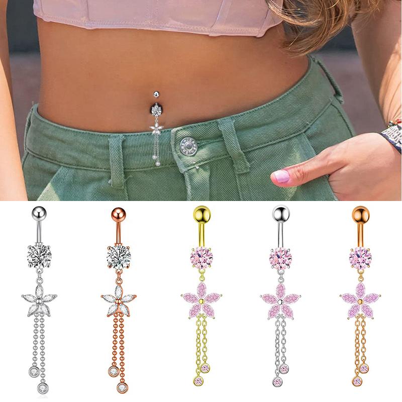 Fashion Stainless Steel Flower Zircon Tassels Belly Button Rings For Women Simple Navel Ring Sexy Body Piercing Jewelry Gifts