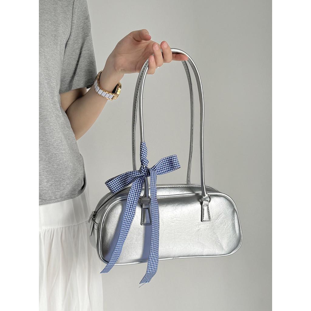 Ielgy Ballet Style Bowknot Portable Silver Bowling Bag Underarm Large Capacity Bag