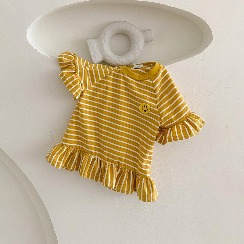 2025 Summer Korean Style Ruffle Sleeve Dress for Girls - Short Sleeve Striped Skirt