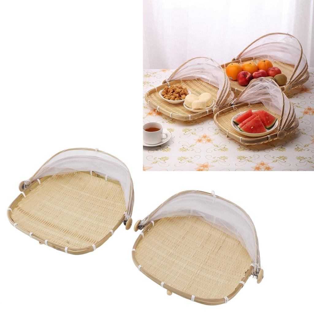 2Pcs Food Serving Tent Basket Fly Skeeter Insect Resistant Bamboo Basket With Dish Mesh Cover