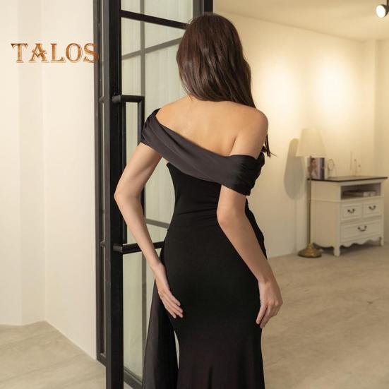 Dámské večerní šaty Šikmý výstřih od ramene Skládaný bez rukávů Šněrovací vlečka Dekor Nepravidelný design Slim Fit Plesové maxi šaty Letní šaty