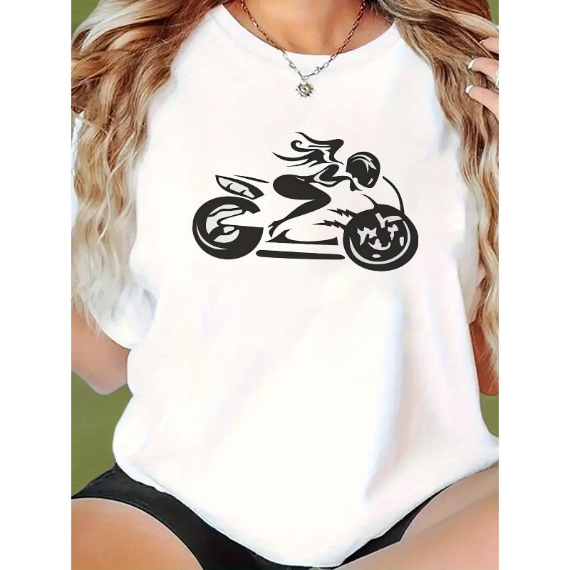 European Sizes Women's Motorcycle Graphic Print T-Shirt - Breathable Stretchy Fabric, Relaxed Fit Round Neck Short Sleeve Tee for Casual Summer Wear