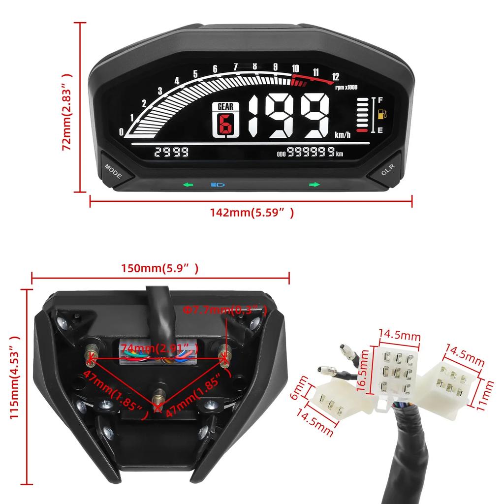 QC Universal Digital Motorcycle Speedometer Tachometer Gauge Digital 12V Odometer Fuel Meter LED Indicator Instrument Speed