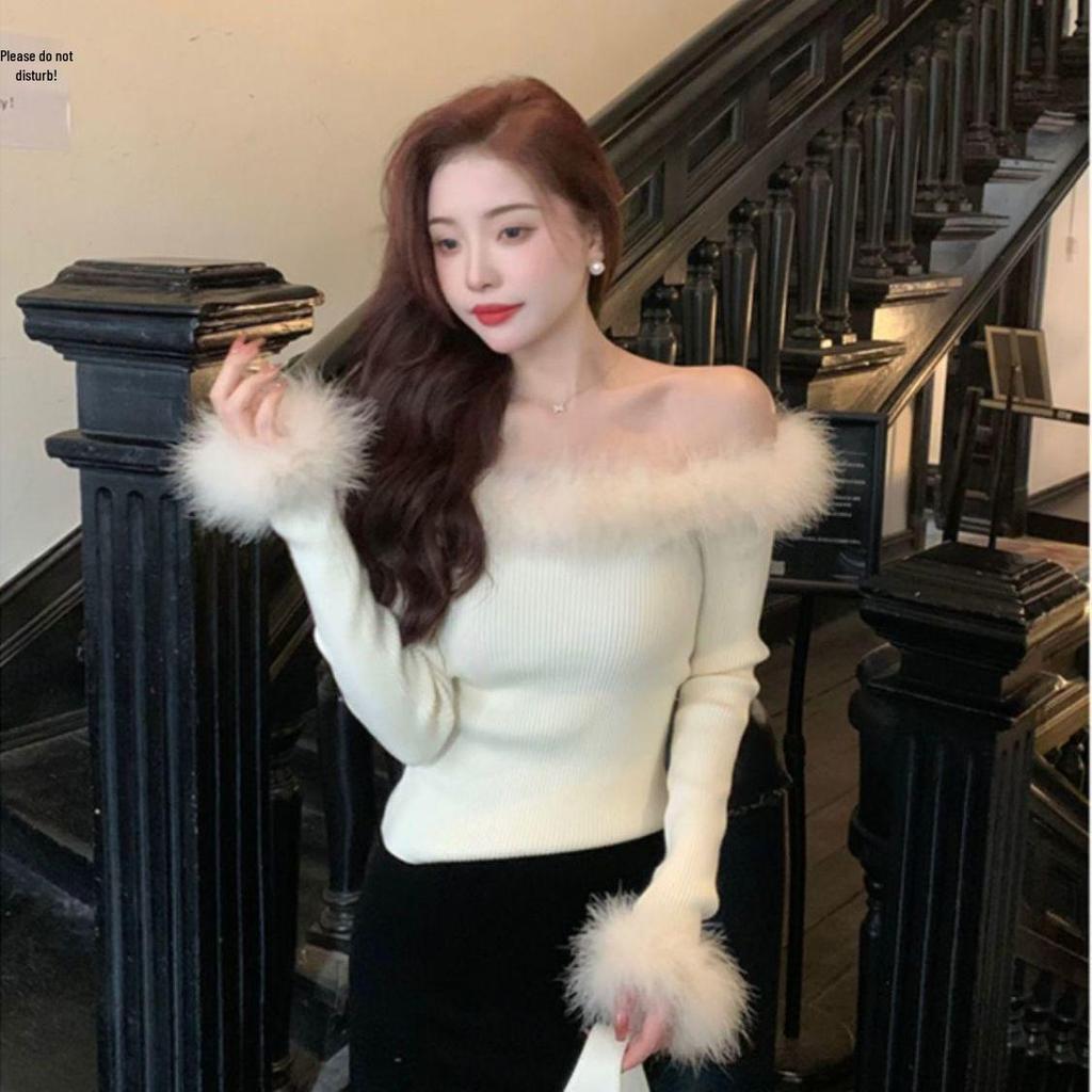 Red Off-Shoulder Raw Edge Knit Sweater for Women - Festive, Slimming, and Sexy Cold Shoulder Top for Autumn/Winter