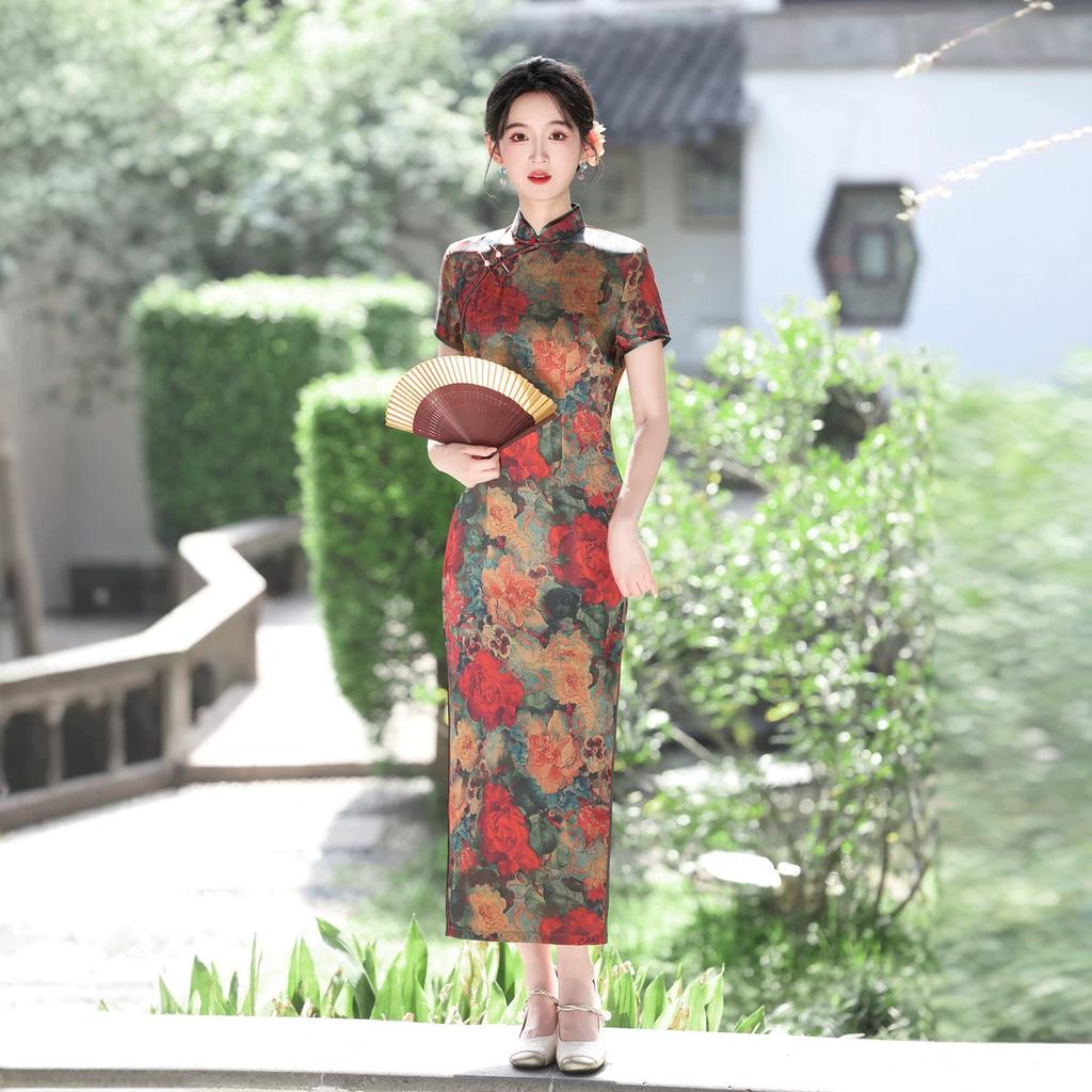1011 national style spring and summer new cheongsam dress temperament double-sided satin slim dress performance clothes