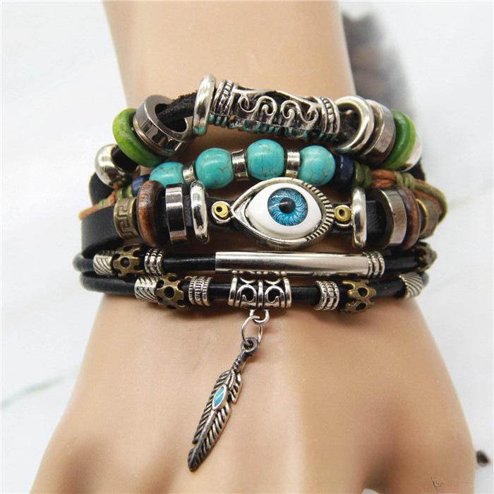 

Браслет из бисера Blue Evil Eye с многослойной плетеной воловьей кожей Vintage