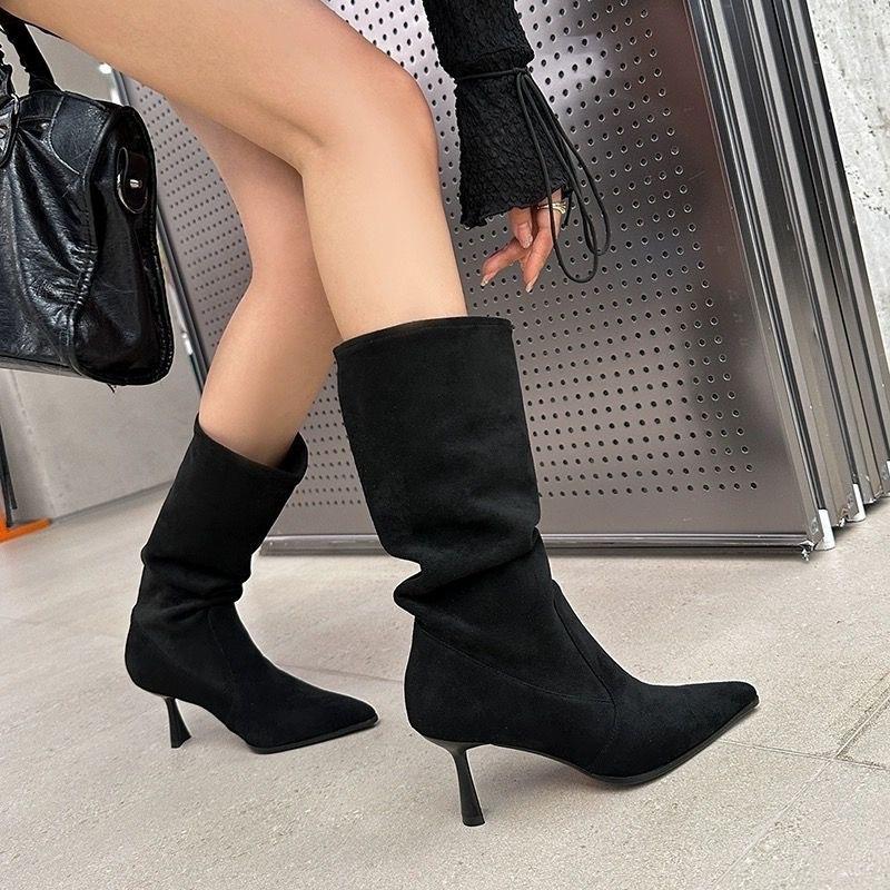 Pile boots women's new autumn fashion temperament high heels medium boots thin heels pointed short boots thin