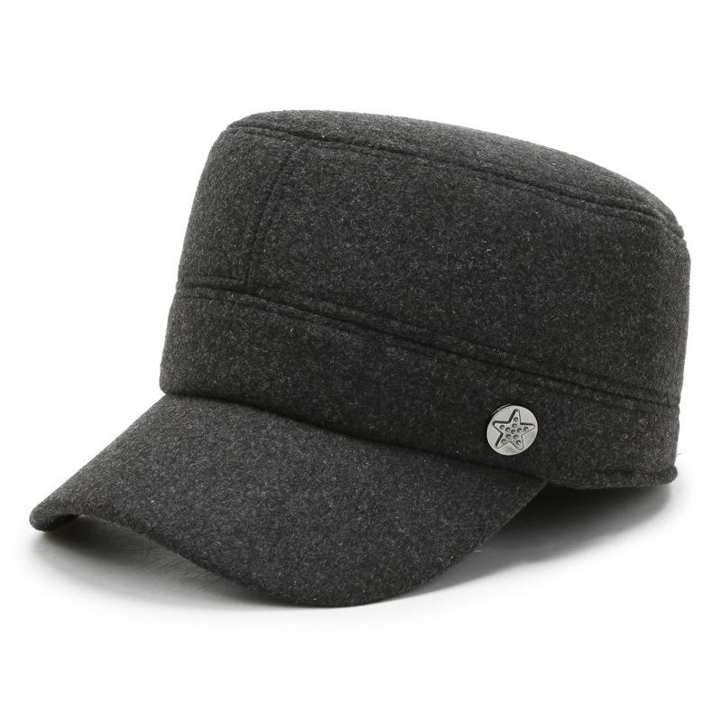 

Men s warm flat top hat Winter grandpa dad windproof piled thickened ear protectors Woolen old man cotton hat Adjustable