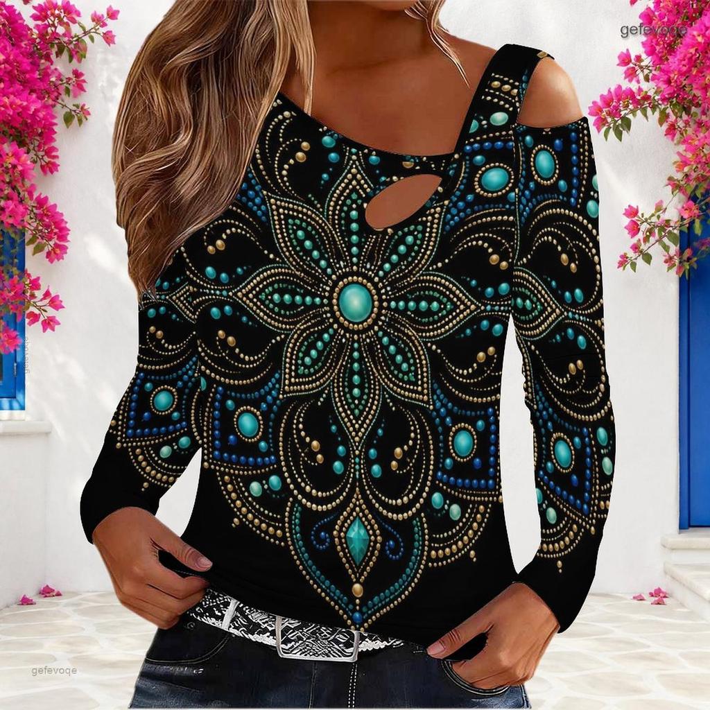 Women Plus Size Asymmetric Cutout Neck Cold Shoulder Long Sleeve Fitted Pastel Gradient Printed Top