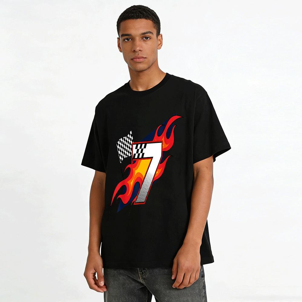 Flame Number 7 Racing Print Casual Motorsport Style Tee Pure Cotton T-shirt