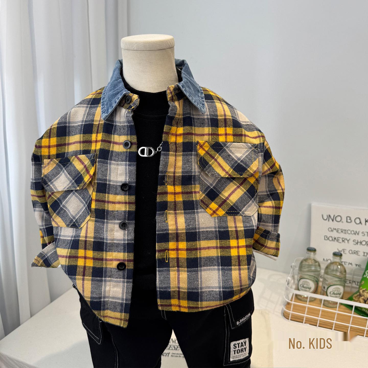 Зима 2025 Мальчишеская клетчатая рубашка с подкладкой из искусственного меха, утолщенная - Стильный детский топ 90cm