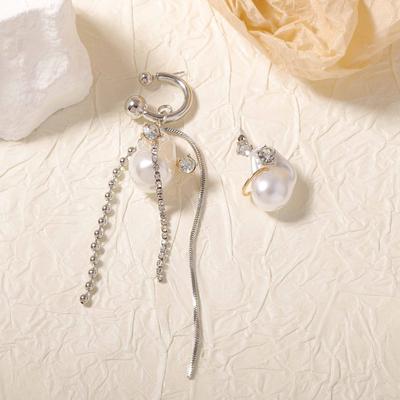 Niche Fashion Asymmetrical Zircon-inlaid Long Tassel Imitation Pearl Pendant Copper Earrings Versatile Fairy