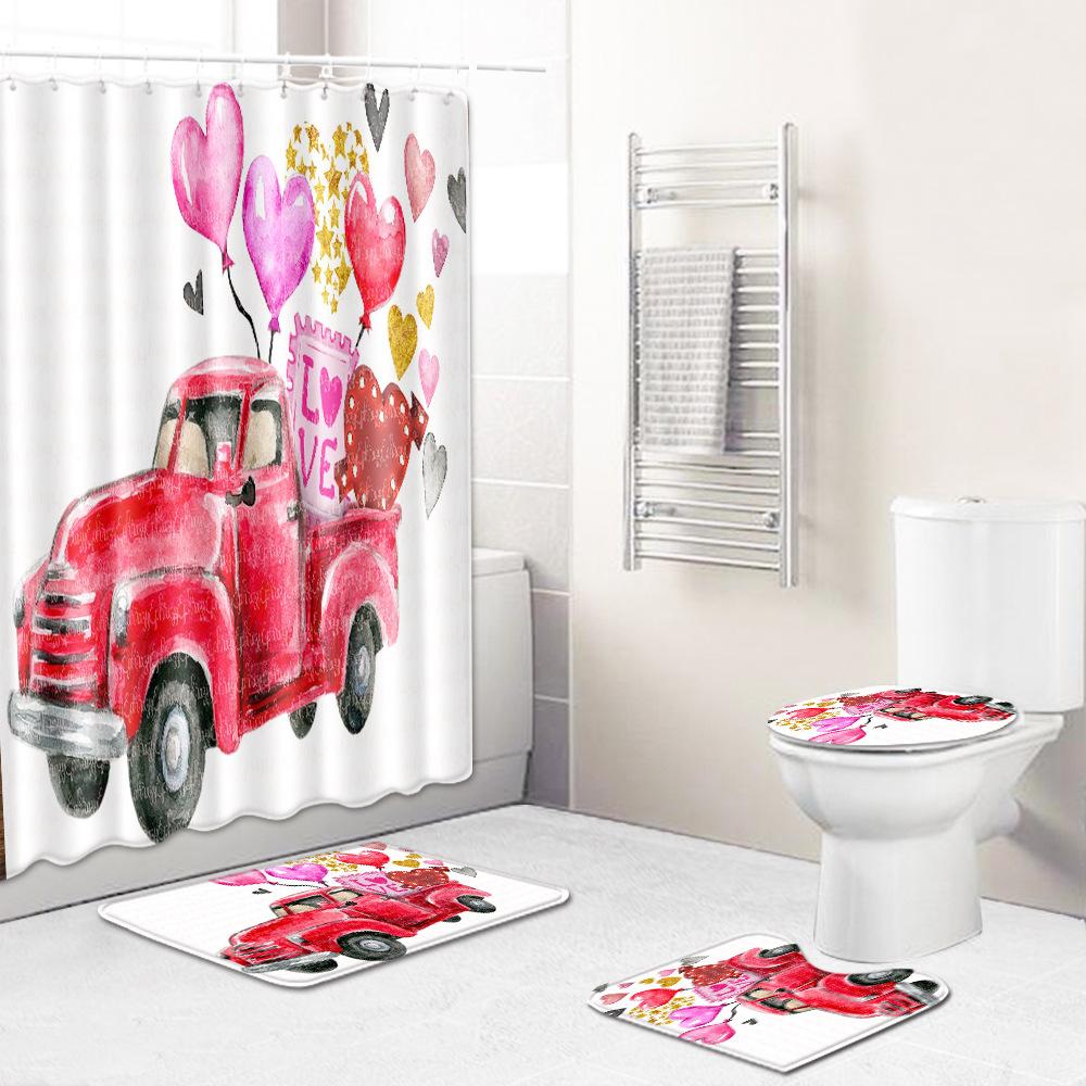 Valentine'S Day Toilet Shower Curtain Four-Piece Printed Floor Mat Set Bathroom Floor Mat Bedroom Absorbent Door Mat Carpet