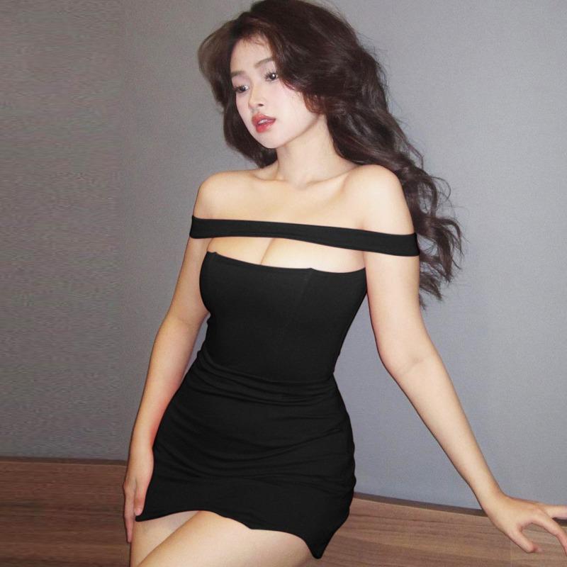 Autumn Street Style Sexy Strapless Solid Color Patchwork Neck Bag Hip Spice Short Dress