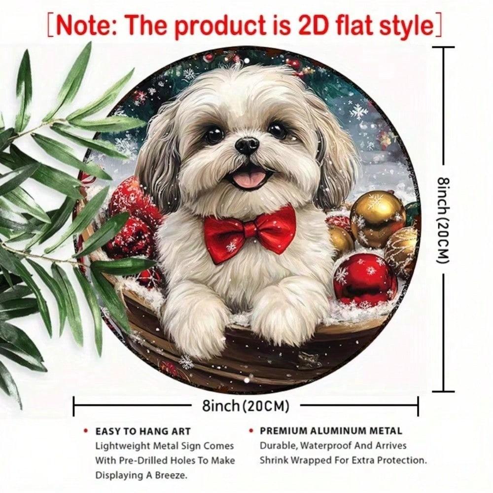 8" Round Metal Wall Decor Shiba Inu Dog Christmas Wreath Sign Holiday Festive Home Art