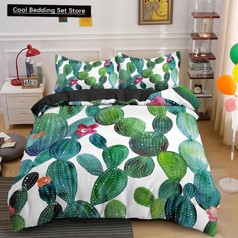 Cactus King Queen Duvet Cover Succulents Bedding Set for Kids Teens Adults Green Botanical Flowers 2/3pcs Polyester Quilt Cover