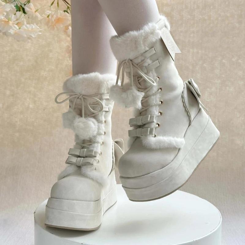 Winter Plateau Schneestiefel Für Damen Designer Keilabsatz Plüsch Warme Baumwollschuhe Für Damen Mode Süß Niedlich Schleife Lolita Stiefeletten