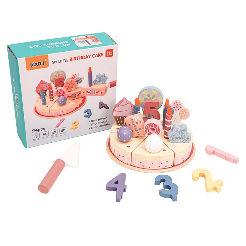Children Wooden Play Food Set Birthday Cake Accessories Imaginative Fun Gift