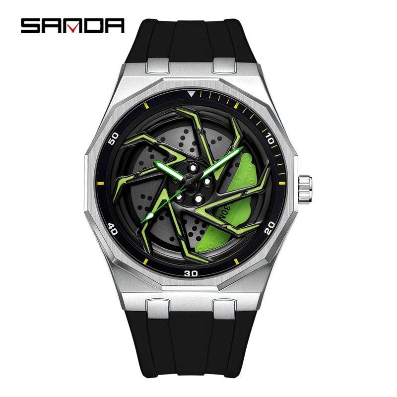 Sanda Men's Waterproof Alloy Car Wheel Design Silicone Wristwatch