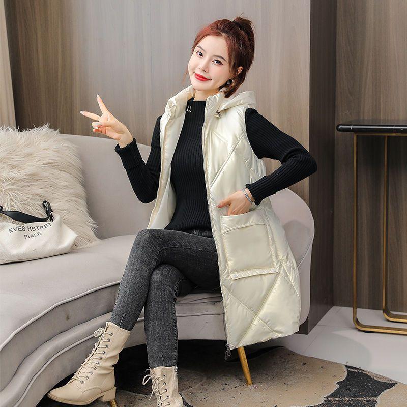 Live hat removable down cotton vest women's autumn and winter medium and long leave-in cotton vest women's vest new trendy