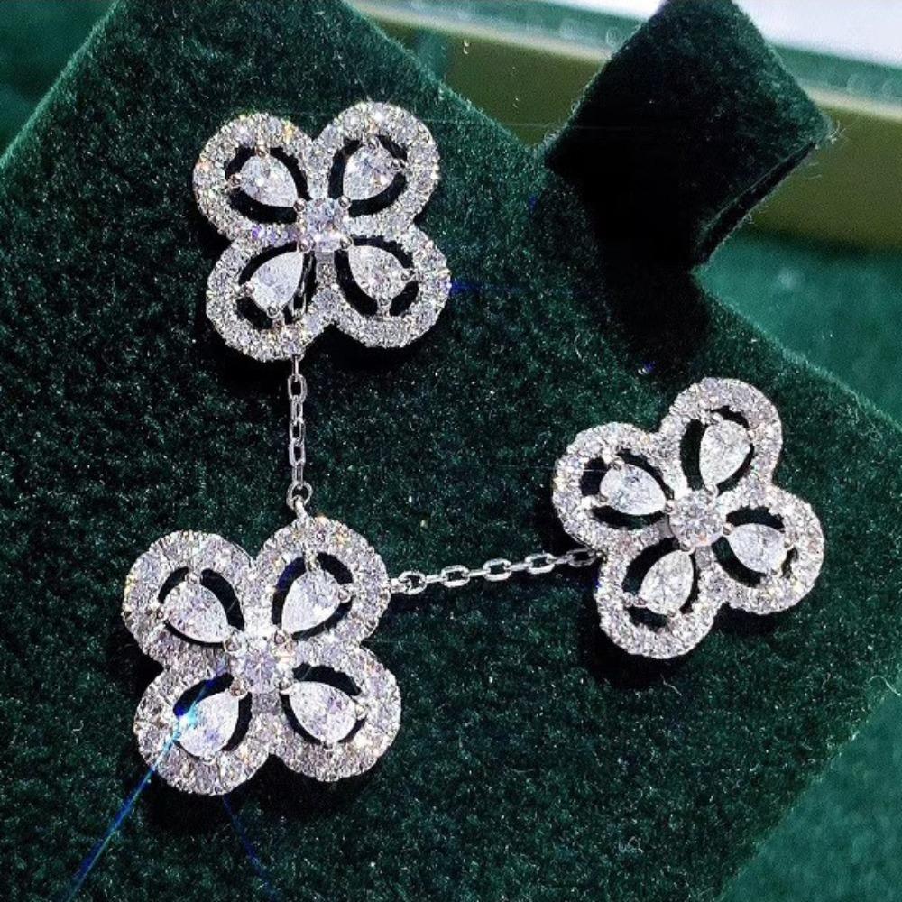 Elegant Four Leaf Clover Drop Earrings with Full Diamond Marquise Mosaic Simulated Moissanite Jewelry Set for Women