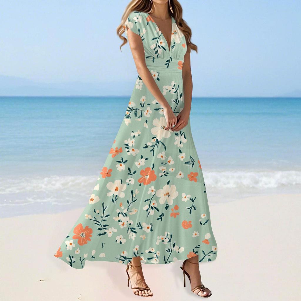 Maxi Dress For Womens High Waiste Deep V Neck Dress Printed Dresses Beach Flowy Dress Retro Summer Dresses
