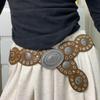 Women Belt Round Buckle Wide Eyelets Faux Leather Adjustable Belt Exaggerated Round Shape Hollow Disc Waist Belt