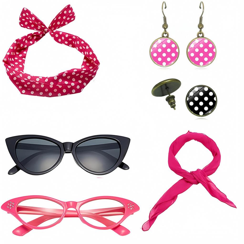 Retro 1950s Party Accessory Set with Eye Glasses, Polka Dot Headband and Earrings