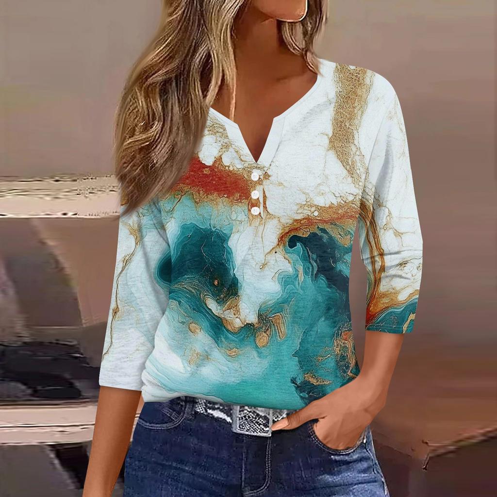 Damen T-Shirt mit Aufdruck, Knopfleiste, 3/4-Ärmel, modisch für den Alltag und das Wochenende, Basic, V-Ausschnitt, normales Oberteil