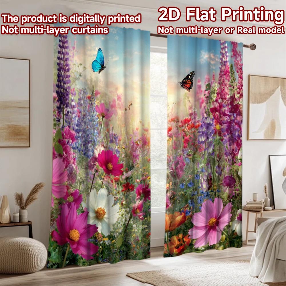 2D Flat Printing 2pcs Scene Curtains Butterflies Wildflowers Field Scenery Digital Printed Polyester Drapes Holiday Decorations