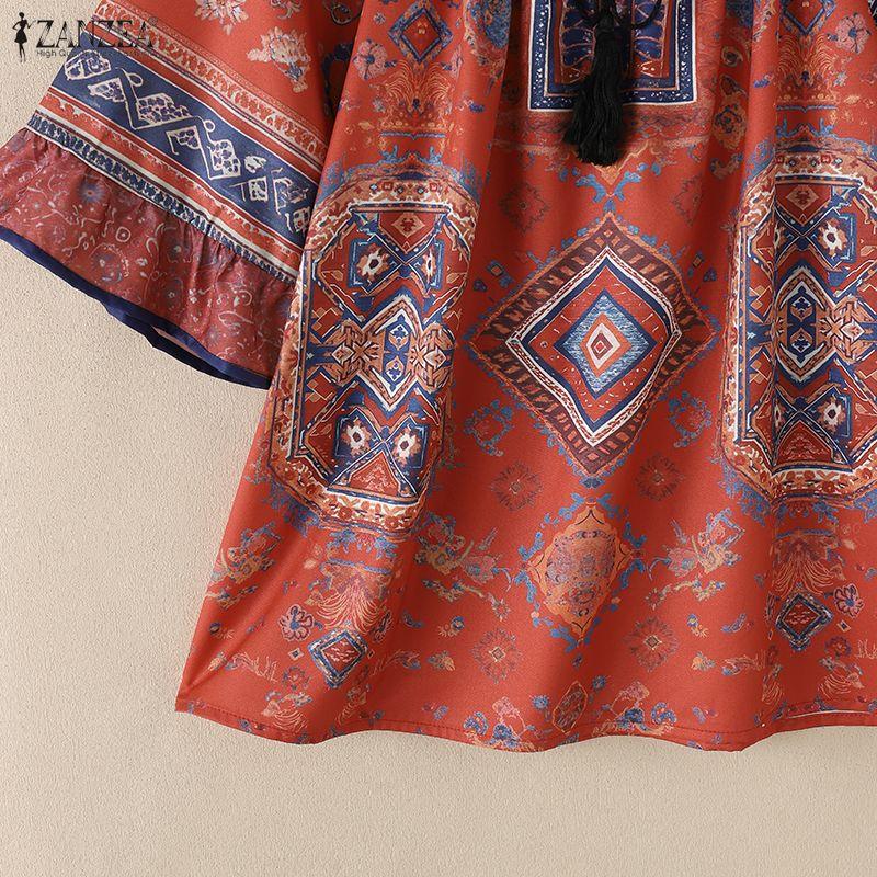 ZANZEA Camicetta Casual da Donna con Stampa Etnica, Girocollo, Manica a Metà, Vestibilità Larga