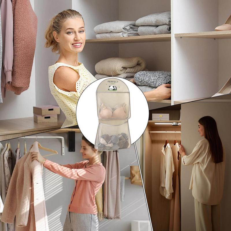 Mesh Pockets For Bra 2-Layer Mesh Organizers Bag With Hook Breathable Anti-Slip Closet Storage Pouch For Cruise Shower Cabin