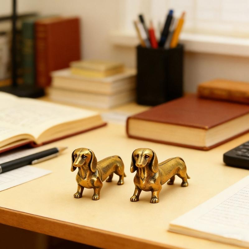 Pack of 2 Solid Brasses Gold Dachshund Miniature Figurine Decoration Animal Sculpture For Home Office Desktop Decors Gift