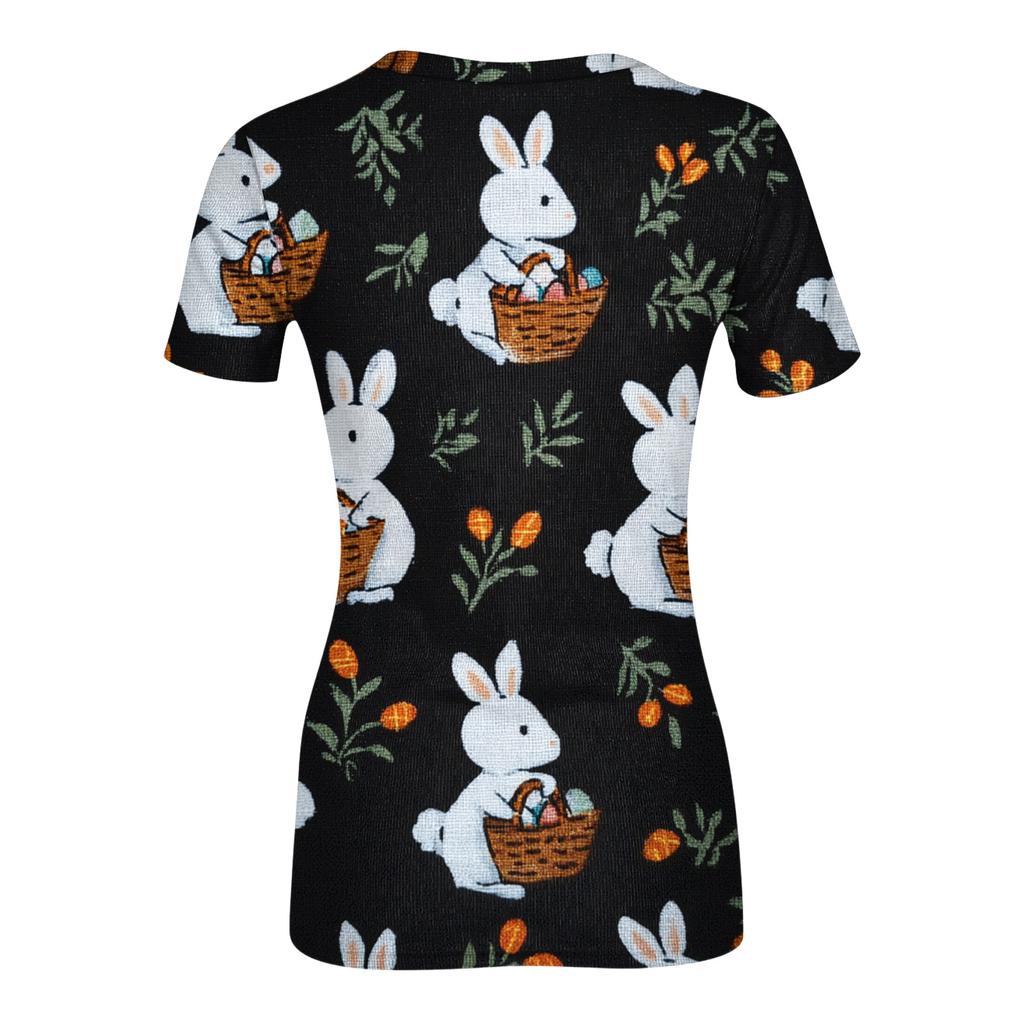 Women's Casual Fashion Round Neck Easter Print Short Sleeve Ribbed Top