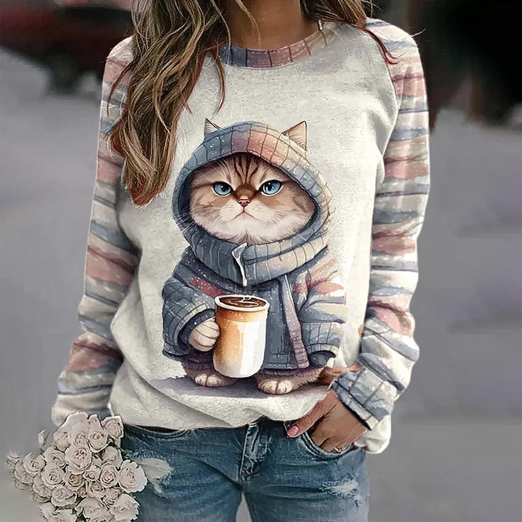 Women's Crew Neck Striped Cat Raglan Long Sleeve Graphic Print Pullover Casual V Neck Womens Tees Pack Womens Dress Shirt Button