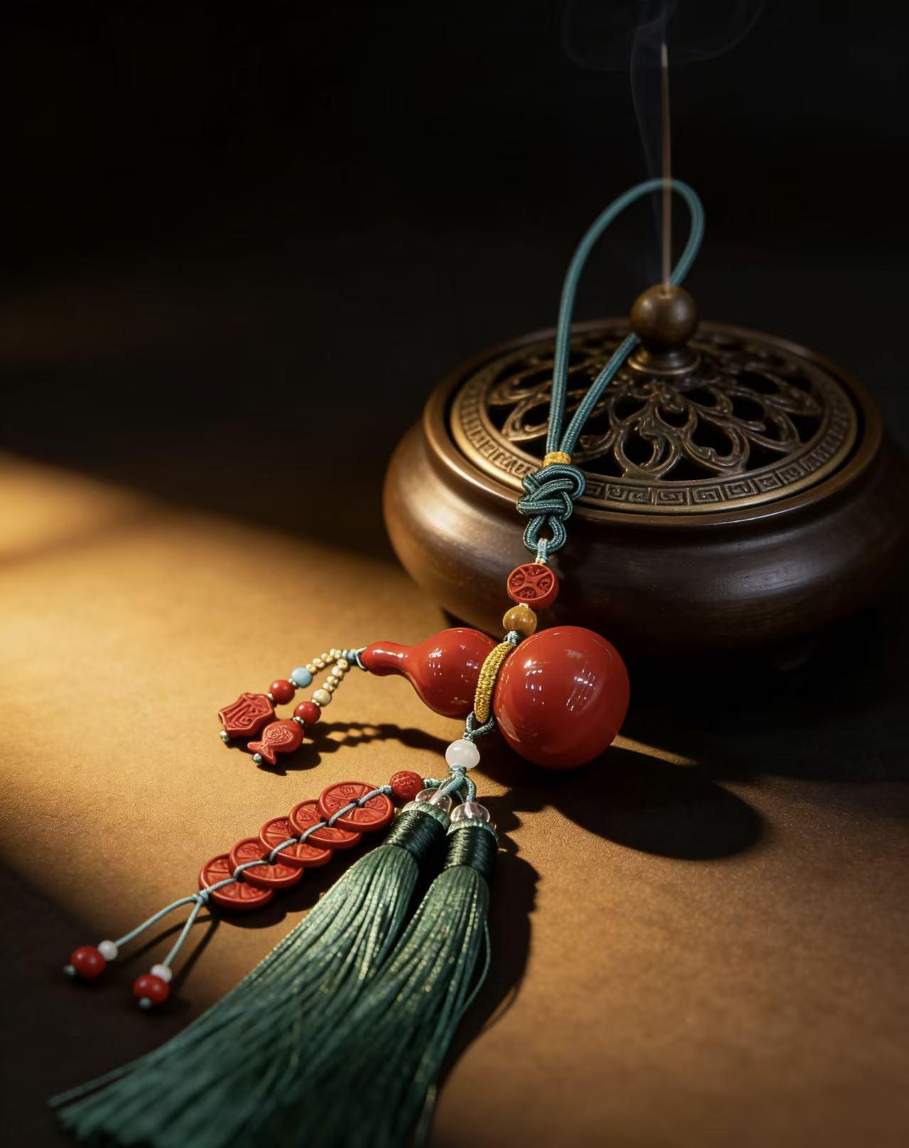 Vermilion Red Sand Gourd & Five Emperor Coins Car Pendant (Unisex, Handmade, High-Grade) High Content Cinnabar