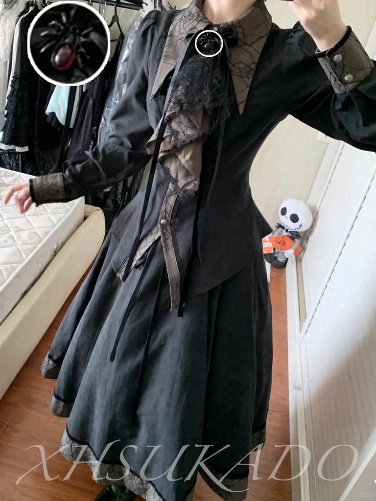 XHSUKADO Gothic Lolita Irregular Long Size L Women's Dress, Halloween, Lace, Jabot, Lace-Up, Long, Ruffled, Hem, Dark, Spider, Noble, Gothic,