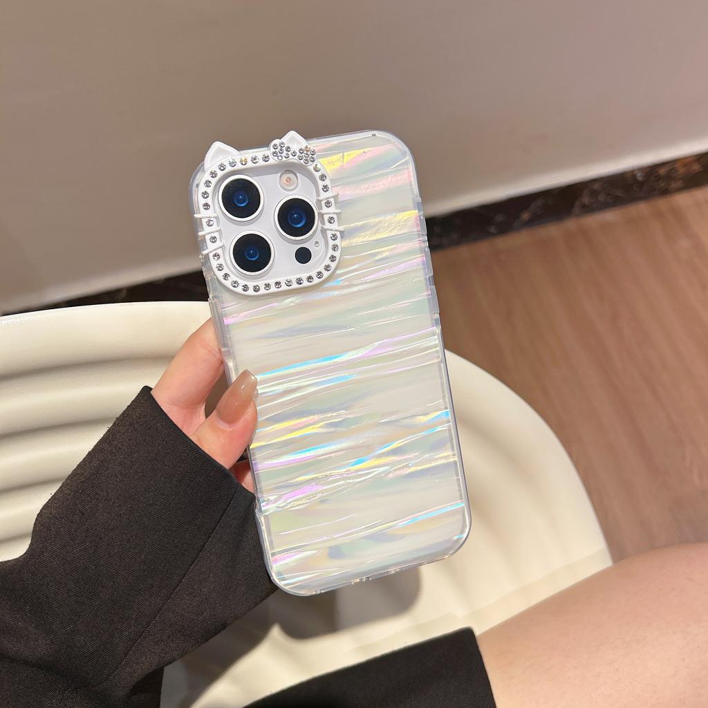 Luxus Laser Glitzer Glänzendes Muschelmuster Strass Katze Katzenohr Handyhülle für iPhone 17 Pro Max 16 15 14 13 Schutzhülle