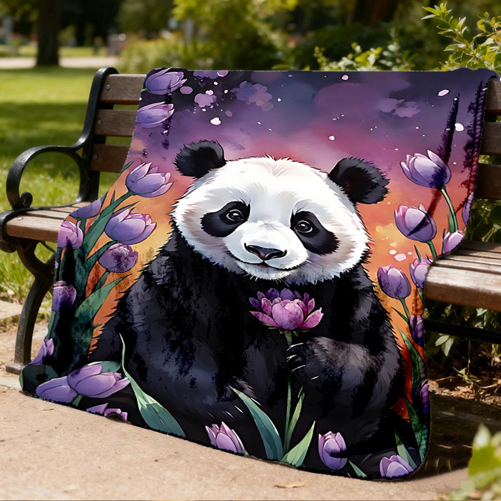 1pc Panda Flower Throw Blanket Polyester Fiber, Lightweight Flannel, Soft & Warm, All Season Use for Outdoor, Camping Digital Print