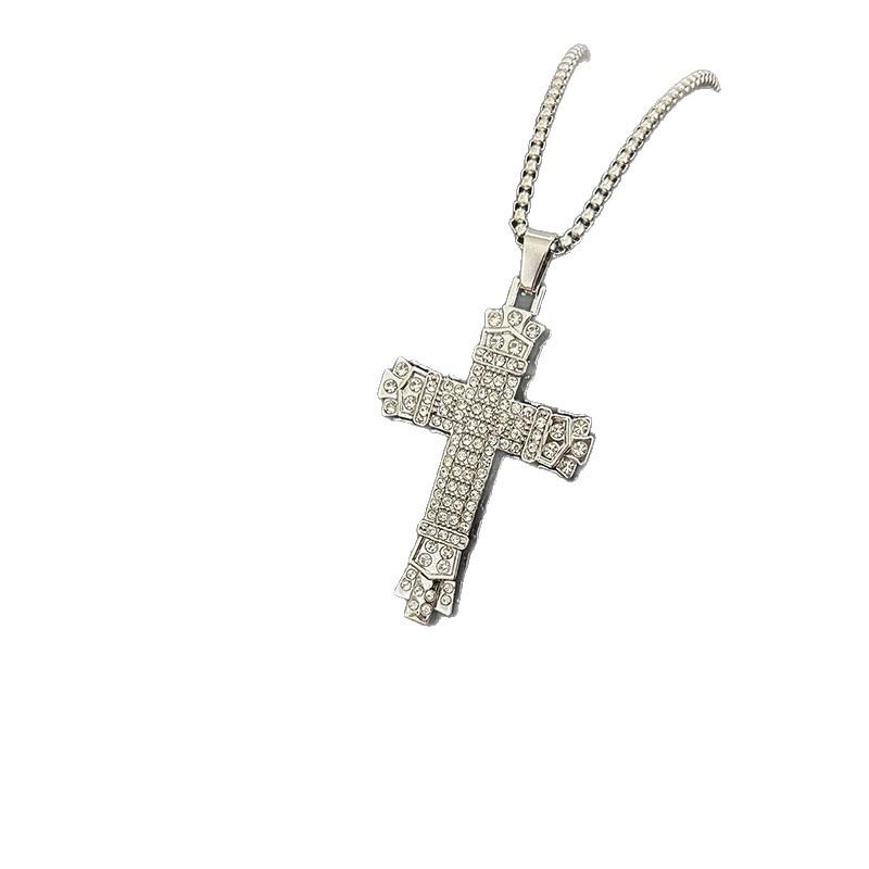 European Bestseller: Round Lion Head Pendant with Diamond Accents, Cross Guitar Design, Stainless Steel Necklace (3mm thick/60cm long stainless steel chain)