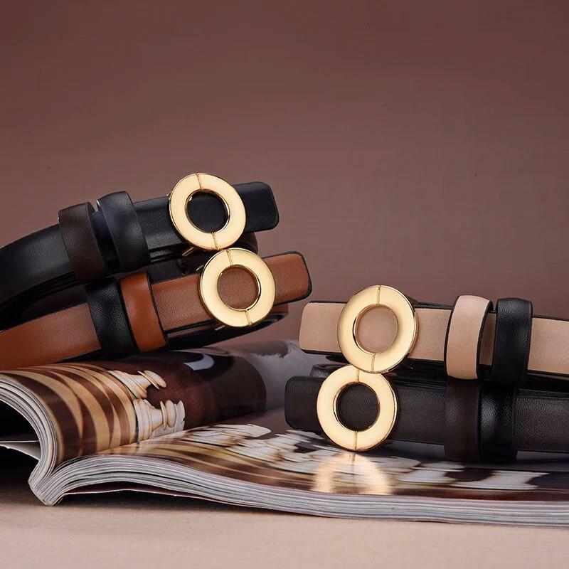 Women's Belt Fashion Gold Round Buckle Belt Double Sided Wearable Soft PU Leather Belt High Grade Genuine Jeans Belt Lady Belt