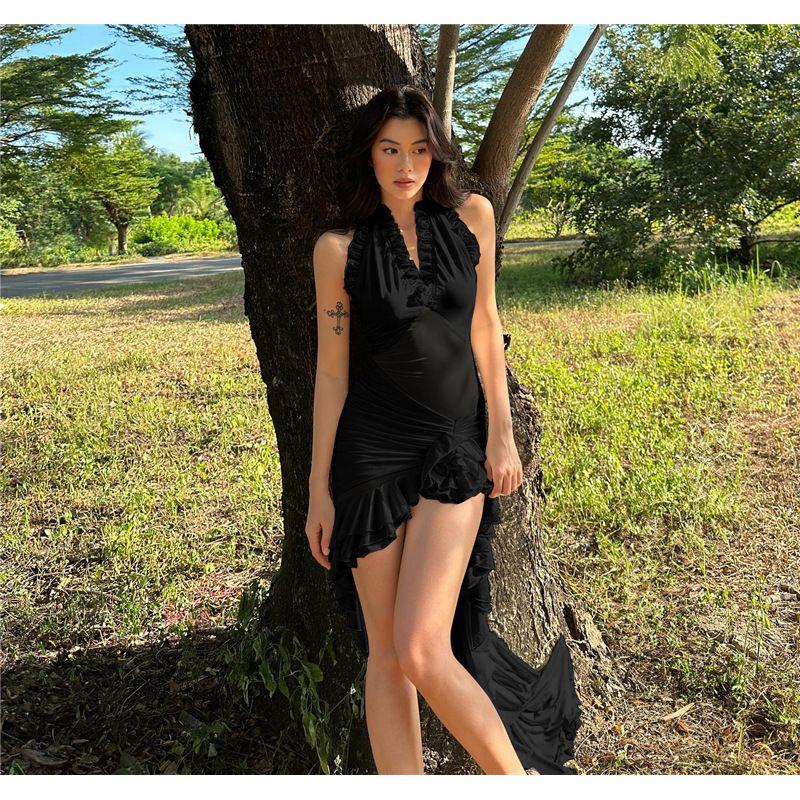 

Dress Fashion V-neck Fashion Trendy Long Dress French Halterneck Backless Slim Fit Pure Color Ruffles Beach Dress Black L