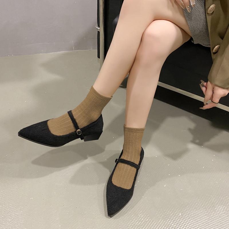 Fashion Autumn New Coarse Heel Shoes Women's Fashion Pointed Shallow Mouth Suede Anti-slip Wear-resistant Low-top Shoes
