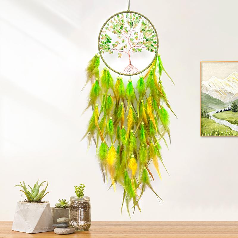 Nordic Dream Catcher Handmade Green Feathers Wind Chimes Living Room Bedroom Hanging Ornaments Wall Decor Birthday Festival Gift