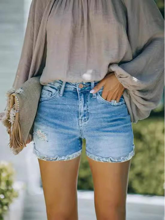 European & American Women's Handmade Ripped Light Blue Loose Denim Shorts