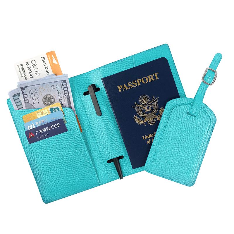 Multi-Function PU Leather Passport Cover & Luggage Tag Set with Pen Holder and Edge Stitching